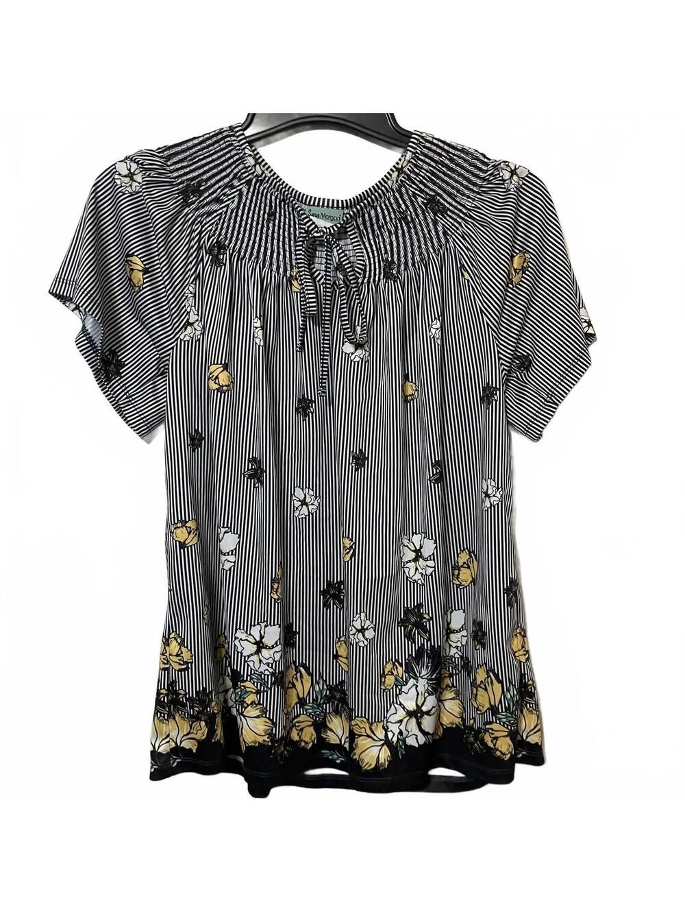 Sara Morgan Women's Black Bold Eclectic Striped Floral Modern Chic Blouse Medium